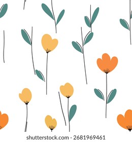 Minimal Floral Seamless Pattern – Simple flower background design for paper, fabric, and page decoration. Hand-drawn wildflowers, herbs, and leaves in a cute style for girls and kids.