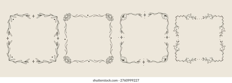 Minimal floral square frames set with hand drawn botanical line art borders delicate leaves flowers elegant vintage style, decorative design elements for invitations cards branding templates.Vector 