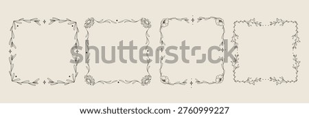 Minimal floral square frames set with hand drawn botanical line art borders delicate leaves flowers elegant vintage style, decorative design elements for invitations cards branding templates.Vector 