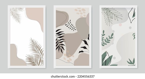 Mínimas impresiones de arte floral. Afiches de arte de Boho, portadas, volantes, plantillas de historias. Arte mural botánico, colores neutros. Huellas de hojas bohemias. Diseño moderno de mediados del siglo XX. Ilustración vectorial vintage