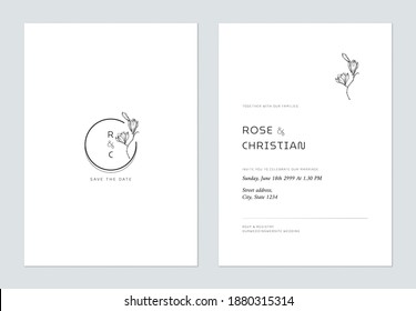 Minimal floral wedding invitation card template design, vintage magnolia flowers line art ink drawing decorated on circle frame