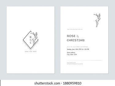 Minimal floral wedding invitation card template design, vintage flower line art ink drawing decorated on diamond frame