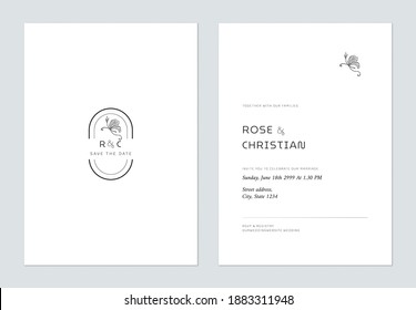 Minimal floral wedding invitation card template design, vintage floral line art ink drawing decorated on oval frame