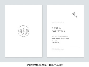 Minimal floral wedding invitation card template design, vintage camellia flower line art ink drawing