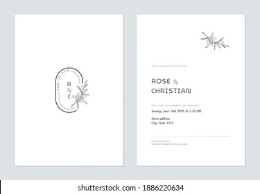 Minimal Floral Wedding Invitation Card Template Design, Vintage Olive Sprig Line Art Ink Drawing Decorated On Oval Frame