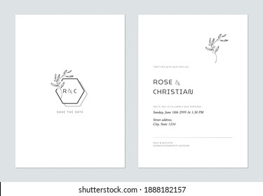 Minimal Floral Wedding Invitation Card Template Design, Vintage Leaves Line Art Ink Drawing Decorated On Hexagonal Frame