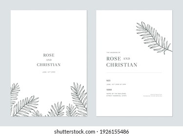 Minimal floral wedding invitation card template design, vintage palm leaves line art ink drawing on white