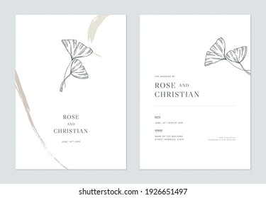 Minimal floral wedding invitation card template design, vintage palm leaves line art ink drawing on white