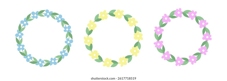 Minimal floral wreaths vector set. Three decorative round flower frames with pastel blooms and green leaves. Elegant spring design elements for invitations and cards.