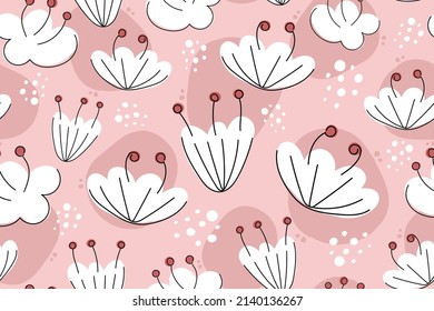 Minimal flower drawings on pink. Floral style, cute blossom concept. Seamless pattern repeating texture background design. For fashion graphics, textile prints, fabrics, wallpapers.
