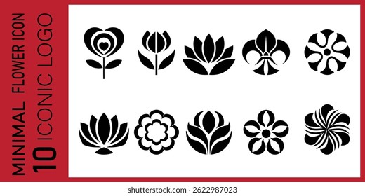 Minimal Flower Icon Vector Set 10 Unique Petal Silhouettes for Logo Design, Spa, Nature Branding, Yoga, Wellness, and Elegant Decorative Projects in Bold Black Style. vector, illustration.