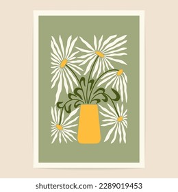 Minimal flower poster. Abstract daisy floral naive art print Matisse inspired, botanical wall decor. Vector illustration