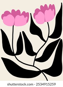 Minimal flower poster. Abstract floral flower art print Matisse inspired, botanical wall decor. Vector illustration. Abstract dark floral pink black art posters template. Modern trendy Matisse style
