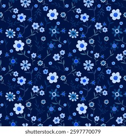 Minimal flowers in blue tone on navy blue background  for fashion print  textiles  wallpapers  wrapping paper  background