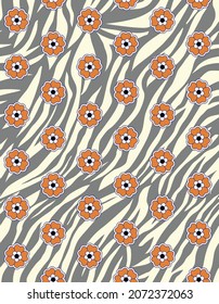 Minimal Flowers On Zebra Stripes Background Seamless Pattern Trendy Stylish Fashion Colors Perfect For Fabric Print or Wrapping Paper Gray Ecru Orange Tones