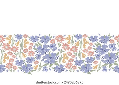 Patrón de flores mínimas textura de línea de bordado sin fisuras vintage dibujado a mano Ilustración vectorial de diseño de prado de flores silvestres mixtas.