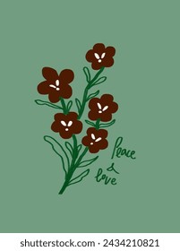 Minimal flowers patterns in red with lettering peace and love on green background for branding, fabric print, wallpaper, social media post, doodle, notes, book covers, wall decor.