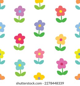 Minimal Flowers Seamless Pattern with Vivid Pastel Tone Colors, Print for Kids and Women, Botanical Illustration, Blooming Flowers Decoration, Natural Background, Cute Hand Drawn Plants