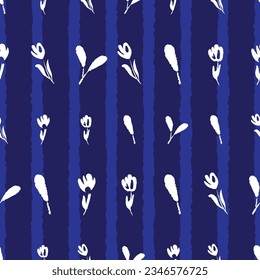 Minimal flowers and stripes seamless vector pattern in blue