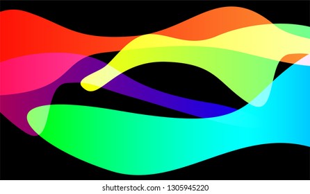 Minimal Flowing Background. Bright Neon Futuristic Design for Wallpaper, Brochure, Placard. Gradient Shapes on Black Background.