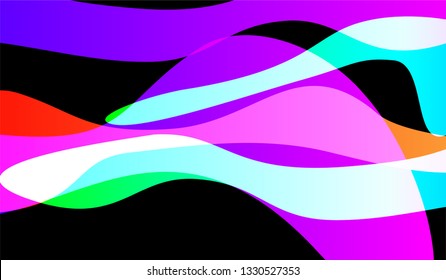 Minimal Flowing Background. Bright Neon Dynamic Design for Print, Brochure, Placard. Gradient Shapes on Black Background.