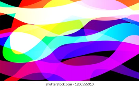 Minimal Flowing Background. Colorful Neon Dynamic Design for Card, Cover, Poster. Gradient Shapes on Black Background.