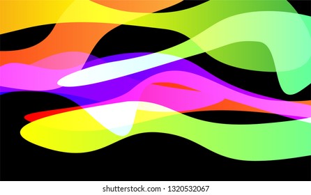 Minimal Flowing Background. Colorful Neon Modern Design for Print, Cover, Poster. Gradient Shapes on Black Background.
