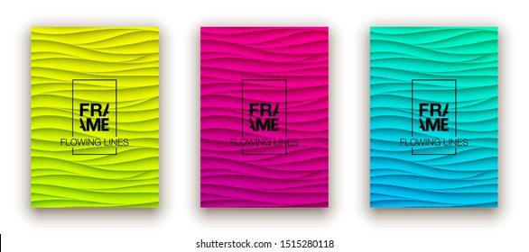 Minimal fluid covers design wall panel. Halftone colorful realistic 3d relief wave design. Future liquid modern interior gypsum stucco relievo patterns. Eps10 vector background set.