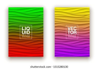 Minimal fluid covers design wall panel. Halftone colorful realistic 3d relief wave design. Future liquid modern interior gypsum stucco relievo patterns. Eps10 vector background set.