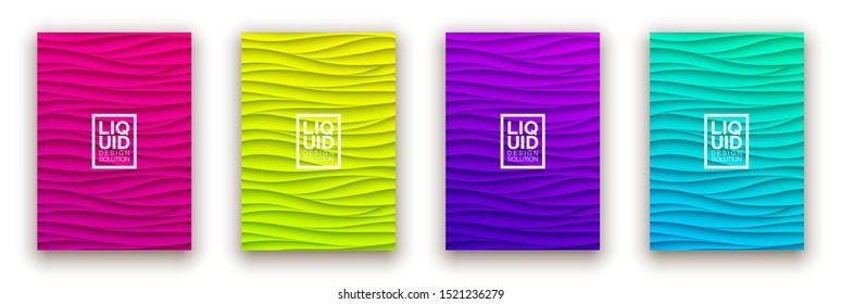 Minimal fluid covers design wall panel. Halftone colorful realistic 3d relief wave design. Future liquid modern interior gypsum stucco relievo patterns. Eps10 vector background set.