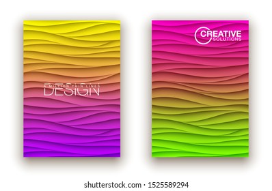 Minimal fluid covers design wall panel. Halftone colorful realistic 3d relief wave design. Future liquid modern interior gypsum stucco relievo patterns. Eps10 vector background set.