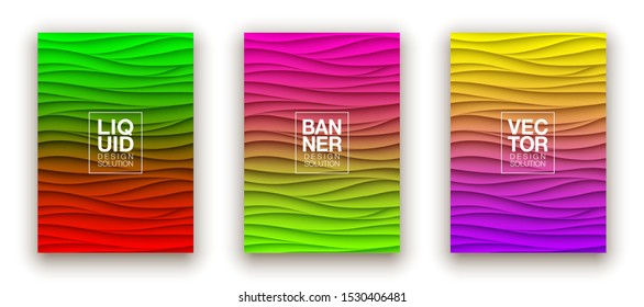 Minimal fluid covers design wall panel. Halftone colorful realistic 3d relief wave design. Future liquid modern interior gypsum stucco relievo patterns. Eps10 vector background set.