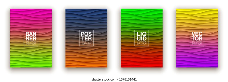 Minimal fluid covers design wall panel. Halftone colorful realistic 3d relief wave design. Future liquid modern interior gypsum stucco relievo patterns. Eps10 vector background set.