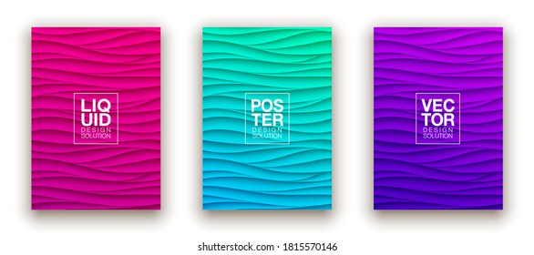 Panel de pared de diseño de cubiertas de líquido mínimo. Diseño de ondas de relieve 3d realistas de color semitono. Futuro líquido moderno interior de gitanos patrones de relievo de estuco de yeso. Conjunto de fondo vectorial Eps10.