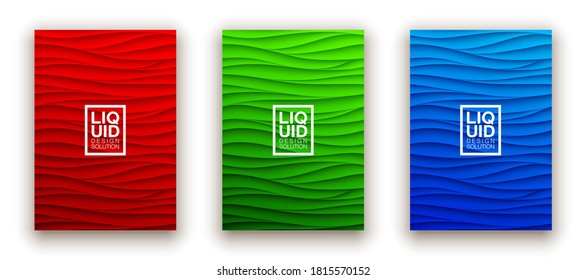 Panel de pared de diseño de cubiertas de líquido mínimo. Diseño de ondas de relieve 3d realistas de color semitono. Futuro líquido moderno interior de gitanos patrones de relievo de estuco de yeso. Conjunto de fondo vectorial Eps10.