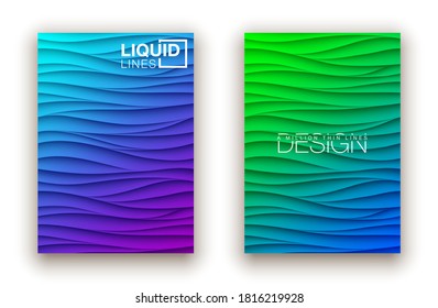 Minimal fluid covers design wall panel. Halftone colorful realistic 3d relief wave design. Future liquid modern interior gypsum stucco relievo patterns. Eps10 vector background set.