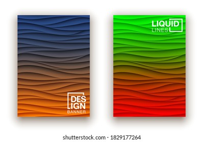 Minimal fluid covers design wall panel. Halftone colorful realistic 3d relief wave design. Future liquid modern interior gypsum stucco relievo patterns. Eps10 vector background set.