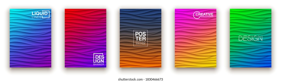 Panel de pared de diseño de cubiertas de líquido mínimo. Diseño de ondas de relieve 3d realistas de color semitono. Futuro líquido moderno interior de gitanos patrones de relievo de estuco de yeso. Conjunto de fondo vectorial Eps10.