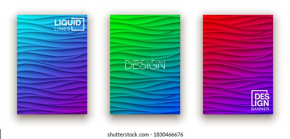 Panel de pared de diseño de cubiertas de líquido mínimo. Diseño de ondas de relieve 3d realistas de color semitono. Futuro líquido moderno interior de gitanos patrones de relievo de estuco de yeso. Conjunto de fondo vectorial Eps10.