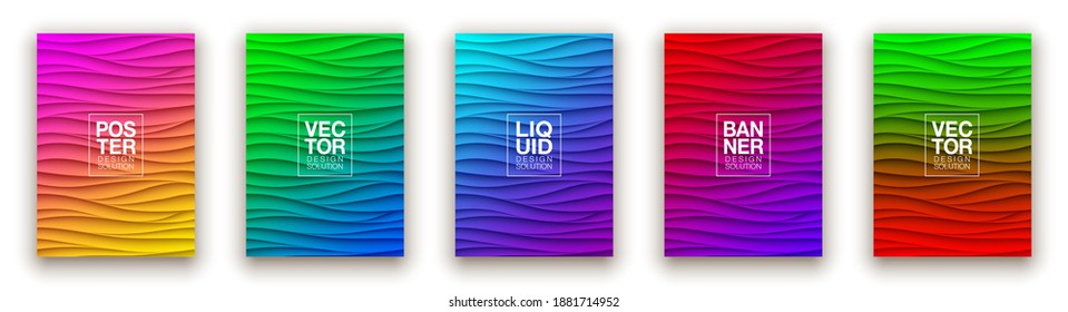 Panel de pared de diseño de cubiertas de líquido mínimo. Diseño de ondas de relieve 3d realistas de color semitono. Futuro líquido moderno interior de gitanos patrones de relievo de estuco de yeso. Conjunto de fondo vectorial Eps10.