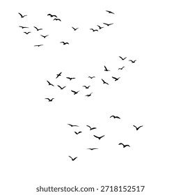 Silhuetas de aves voadoras mínimas grupo isolado no fundo branco, ilustração da natureza moderna para decoração e designs criativos.Flock de andorinhas em voo, silhuetas de aves no fundo branco. Cena de natureza minimalista e pacífica ideal para conceitos de liberdade, migração e vida selvagem."
