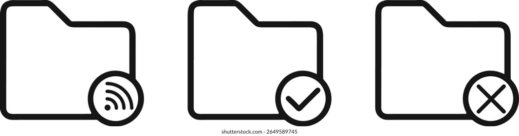 Minimal folder icons with wireless, check, and cross symbols. Perfect for digital interface, cloud sync, access status, and data file management design projects. Clean, bold black line art set.