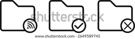 Minimal folder icons with wireless, check, and cross symbols. Perfect for digital interface, cloud sync, access status, and data file management design projects. Clean, bold black line art set.