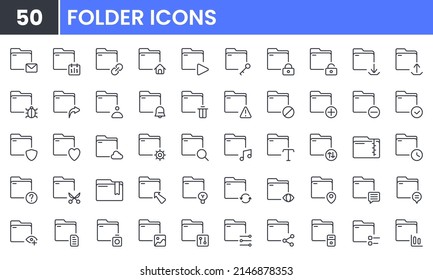 Minimal Folder Vector Line Icon Set. Contains Linear Outline Icons Like Folder Setting, Document, Repository, Sync, Network, Archive, Organize, Gallery, Directory.Editable Use And Stroke For Web.