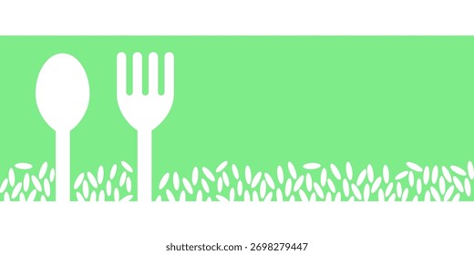 Fondo mínimo de la comida con la silueta de la cuchara y del tenedor en el Anuncio verde, decoración del patrón del grano de arroz, diseño aislado del Vector