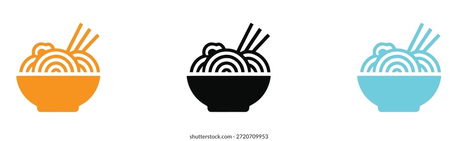 Conjunto de iconos de comida minimalista con varios diseños de tazones de fideos. Iconos coloridos de tazones de fideos para diseños culinarios.