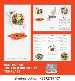 Minimal food menu list brochure trifold white Background. Food menu brochure design template. Fast-food healthy meal delicious food, dessert trifold design in A4 size.