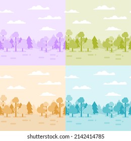 Fondo de dibujos animados minimalistas en diferentes tonos pastel. Fondo de bosque horizontal sin problemas. Imagen vectorial.