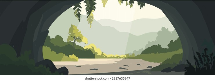 Minimal Forest Cave Landscape Vector Illustration | Healing Nature Background