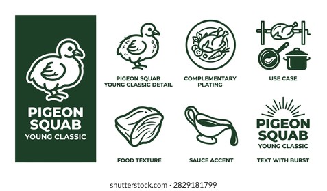 Minimal forest green icon set of pigeon squab poultry for culinary use. Flat vector graphics featuring young bird detail, gourmet plating, cooking methods, and meat texture.
